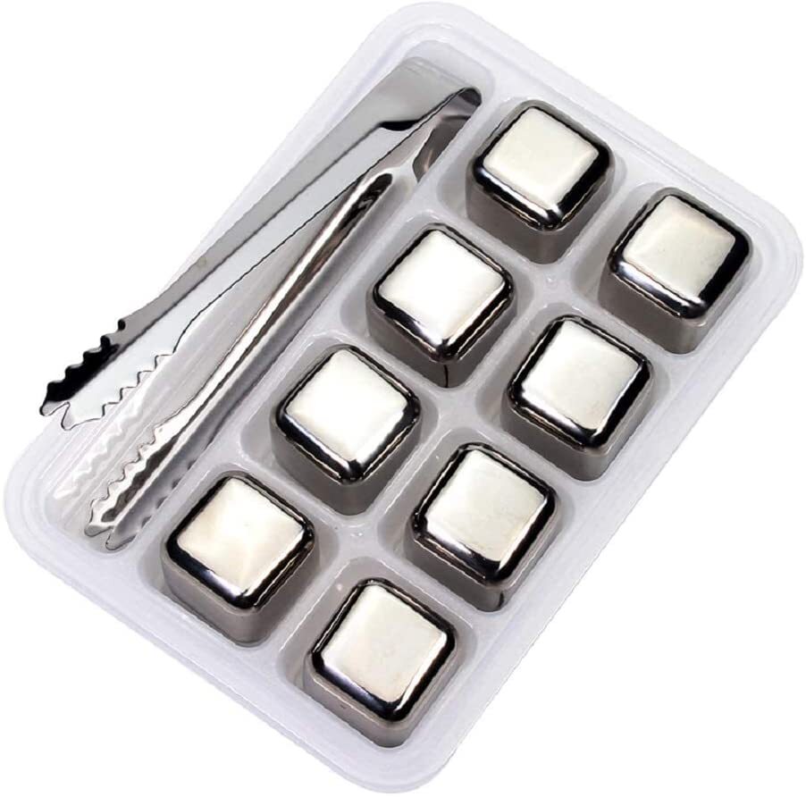 Stainless Steel Whiskey Stones x 8 Ice Cubes Tong Reusable Cooling Ice Cube Wine Drink Beer - Homeware Discounts