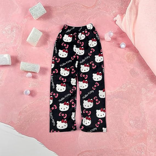 Black Hello Kitty Pajama Pants Women's Flannel winter Pajamas Bottoms Girls Soft Comfy Sleep Lounge Fuzzy Long Pant - Homeware Discounts