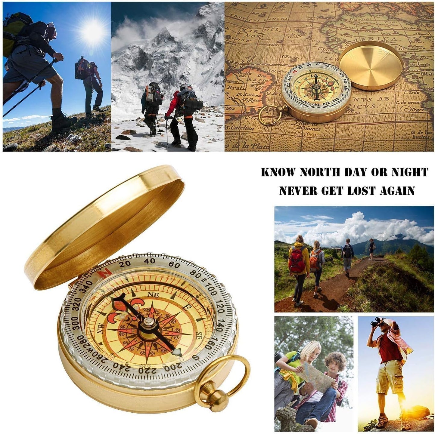 2-Pack Orienteering Compass Hiking Backpacking Camping Boating Survival Compass, Golden Metal Pocket Watch Style Compass for Kids Scout Activities Hiker Camper Outdoor Waterproof Navigation Tool