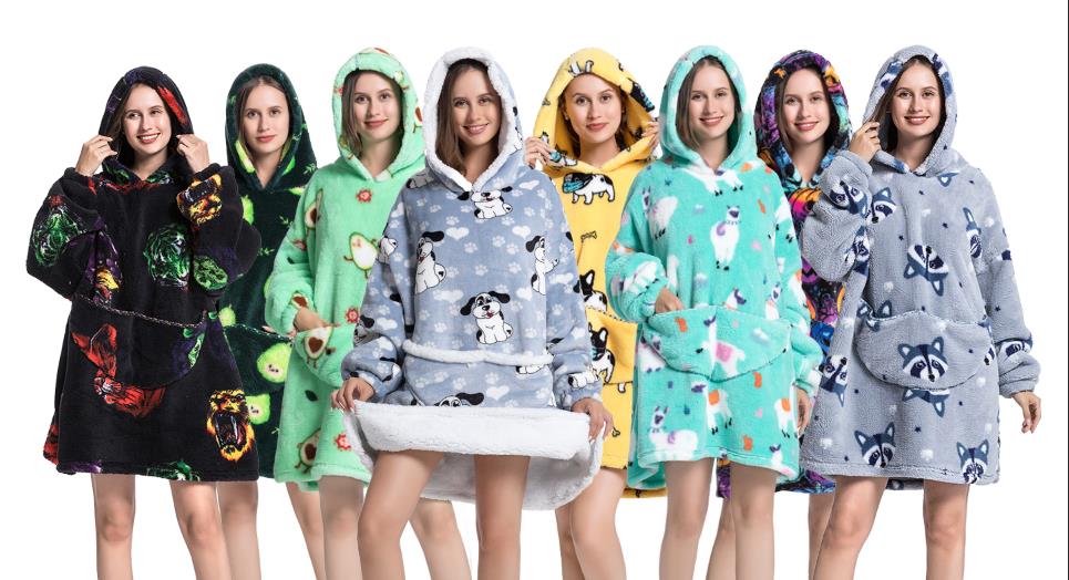 wearable blanket hoodie Oversized Hoodie Sherpa Adult Children kids Pajamas Sweatshirt Pockets Warm Winter Clothes - Homeware Discounts