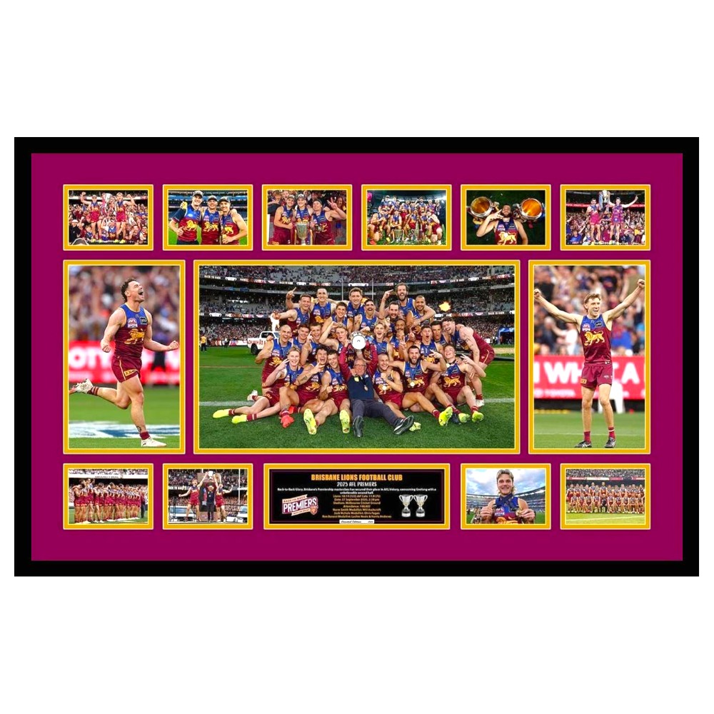 2025 Brisbane Lions FC PREMIERS 86CM x 56CM Team Poster Wooden Frame MEMORABILIA