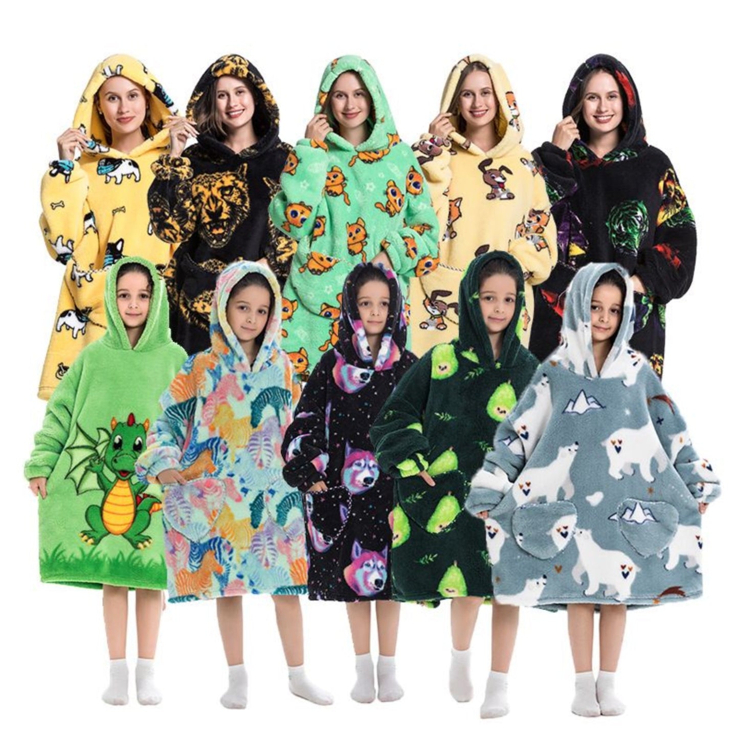 wearable blanket hoodie Oversized Hoodie Sherpa Adult Children kids Pajamas Sweatshirt Pockets Warm Winter Clothes - Homeware Discounts