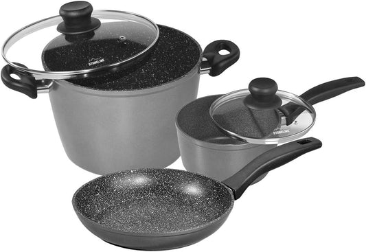 Warimex Stoneline 5Pcs Aluminium Cookware Set Stewing Pot Saucepan Frying Pan Glass Lids Suitable Induction - Homeware Discounts