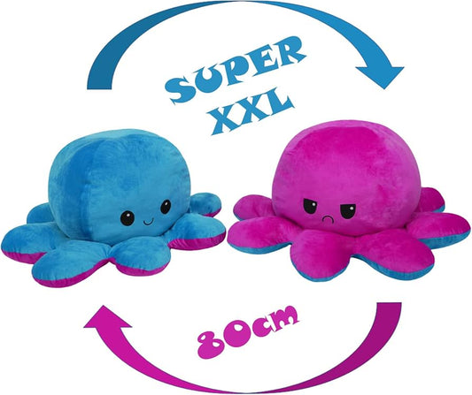 Jumbo Reversible Octopus Plush Toy Adorable 80cm Double-Sided Doll, Happy Angry Octopus Stuffed Animals Doll