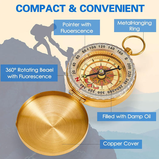 2-Pack Orienteering Compass Hiking Backpacking Camping Boating Survival Compass, Golden Metal Pocket Watch Style Compass for Kids Scout Activities Hiker Camper Outdoor Waterproof Navigation Tool