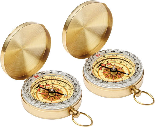 2-Pack Orienteering Compass Hiking Backpacking Camping Boating Survival Compass, Golden Metal Pocket Watch Style Compass for Kids Scout Activities Hiker Camper Outdoor Waterproof Navigation Tool