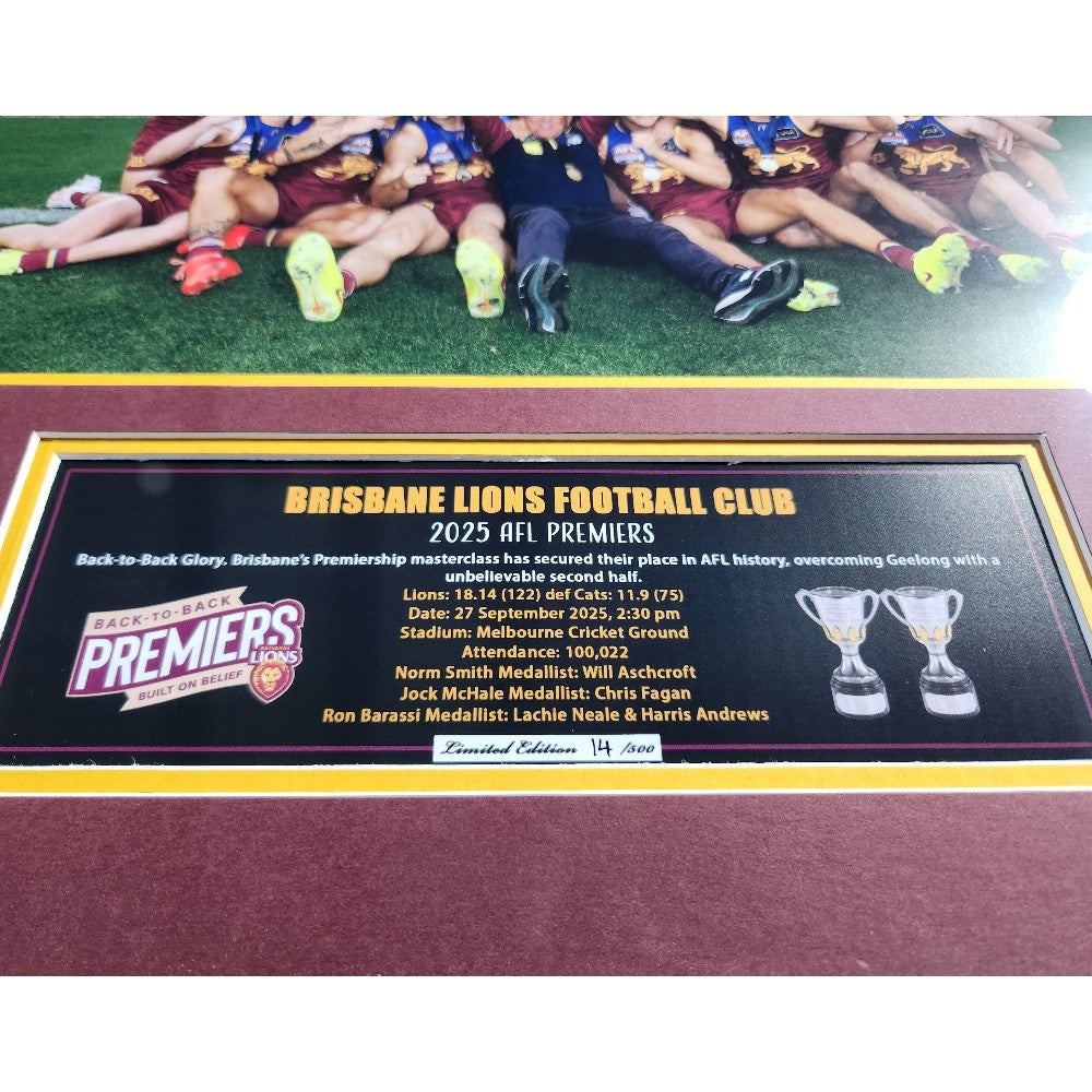 2025 Brisbane Lions FC PREMIERS 86CM x 56CM Team Poster Wooden Frame MEMORABILIA