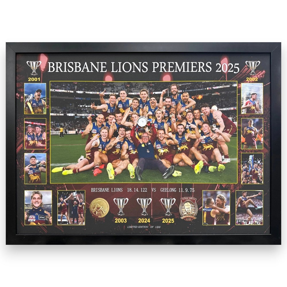 2025 Brisbane Lions FC PREMIERS 75M x 55CM Team Poster Wooden Frame Memorabilia
