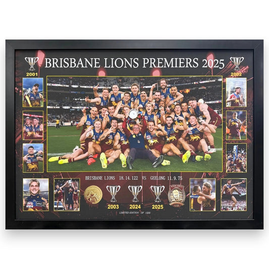 2025 Brisbane Lions FC PREMIERS 75M x 55CM Team Poster Wooden Frame Memorabilia
