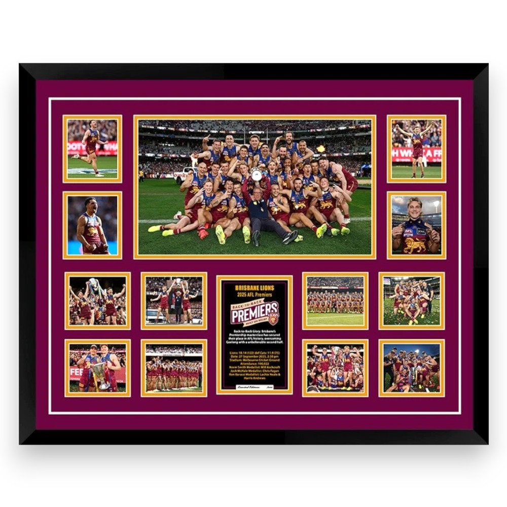 2025 Brisbane Lions FC PREMIERS 56CM x 46CM Team Poster Wooden Frame MEMORABILIA
