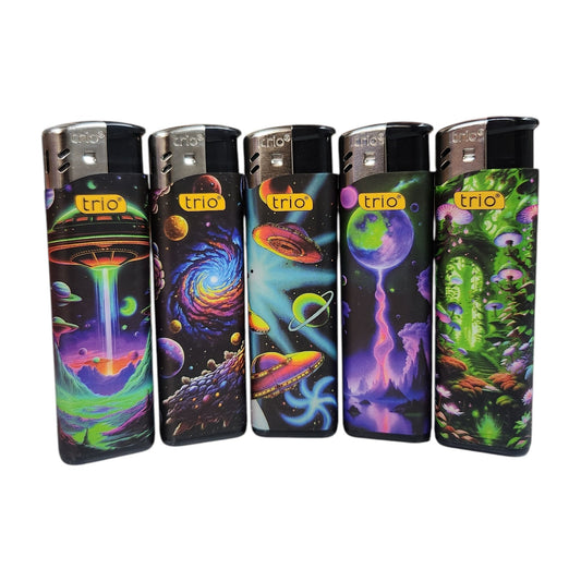 5 Pack TRIO Cigarette Lighter Disposable Gas Galaxy Designs Windproof